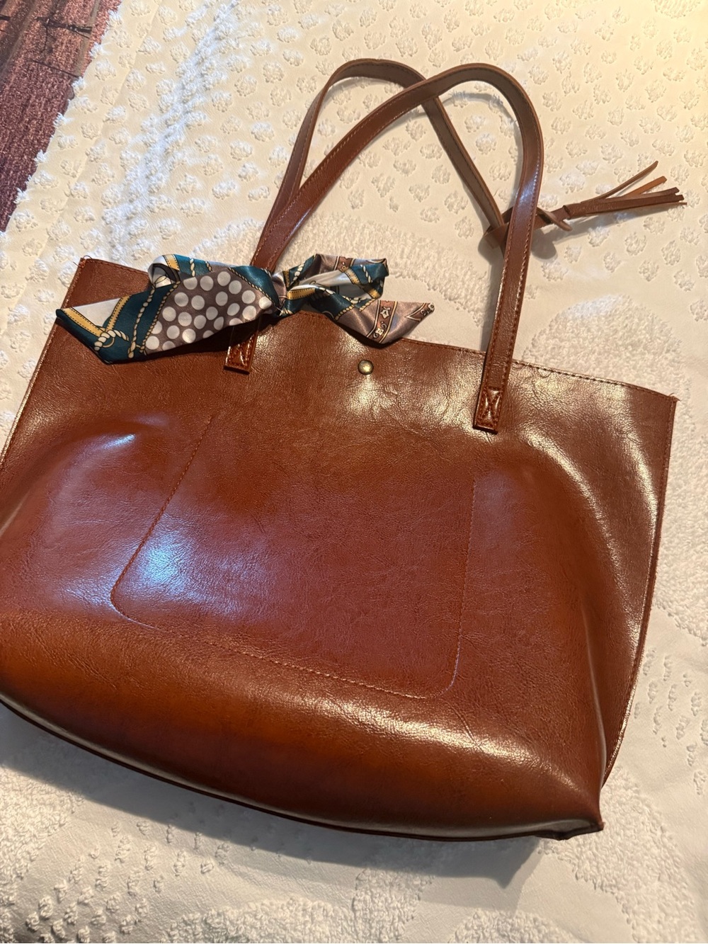 Classic Brown Leather Tote Bag with Scarf Accent